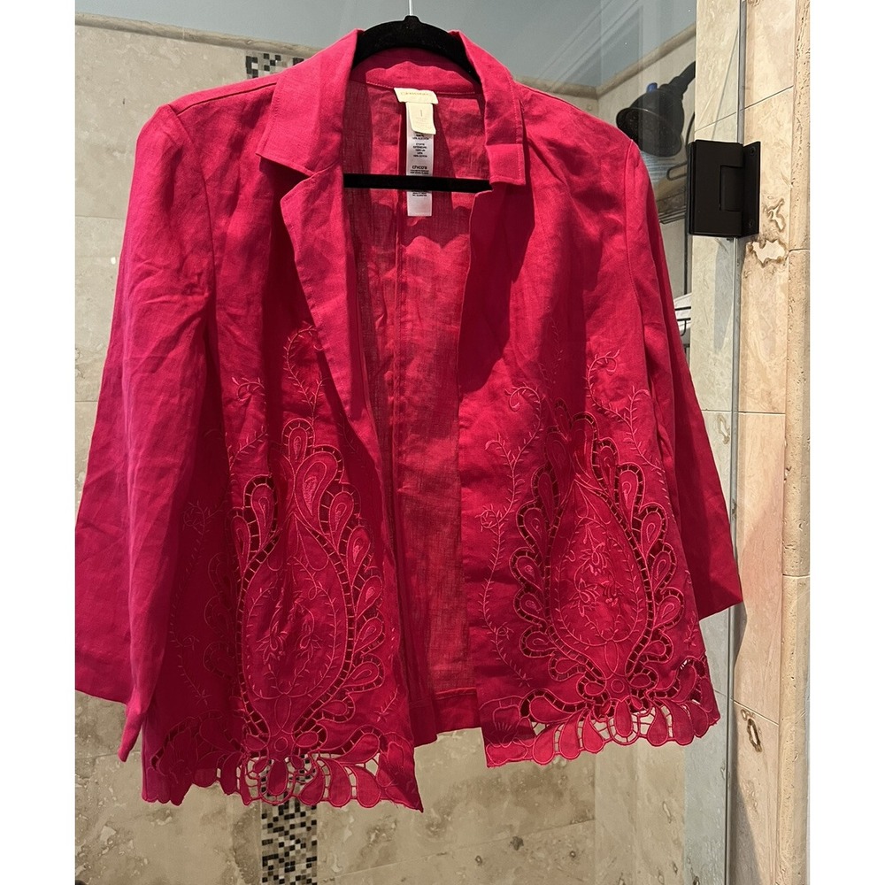 Chico's Hot Pink 100% Linen Eyelet Open Cardigan Size 1 Medium Raspberry